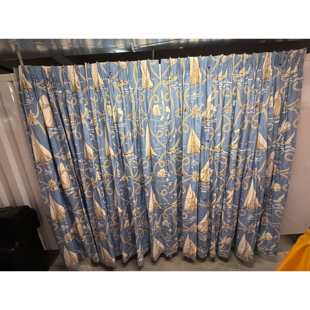 Summer Regatta Linen Print, Navy - Schumacher Curtain (4)) Panels 84in - Picture 4 of 13